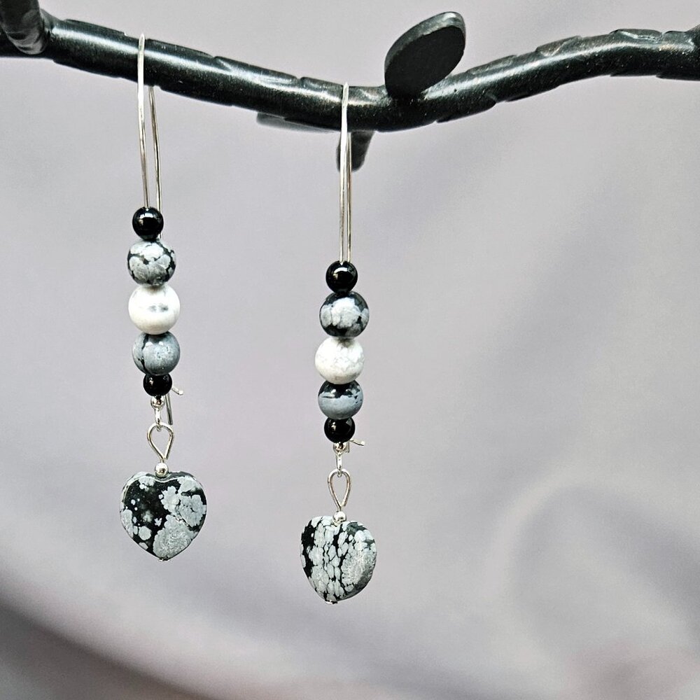 GU Earrings of Genuine Snowflake Obsidian Hearts on Kidney Ear wires Handmade